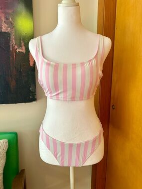 Pink and White Striped Bikini Set